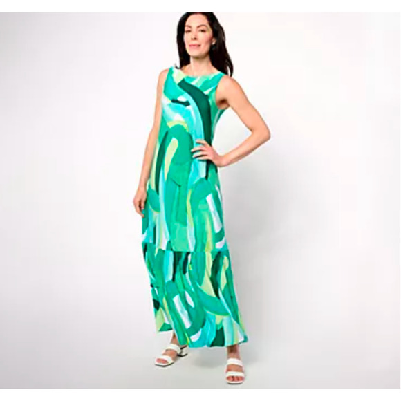 Susan Graver Dresses & Skirts - Susan Graver Regular Printed Liquid Knit A-Line Back Tie Maxi Dress Size Large